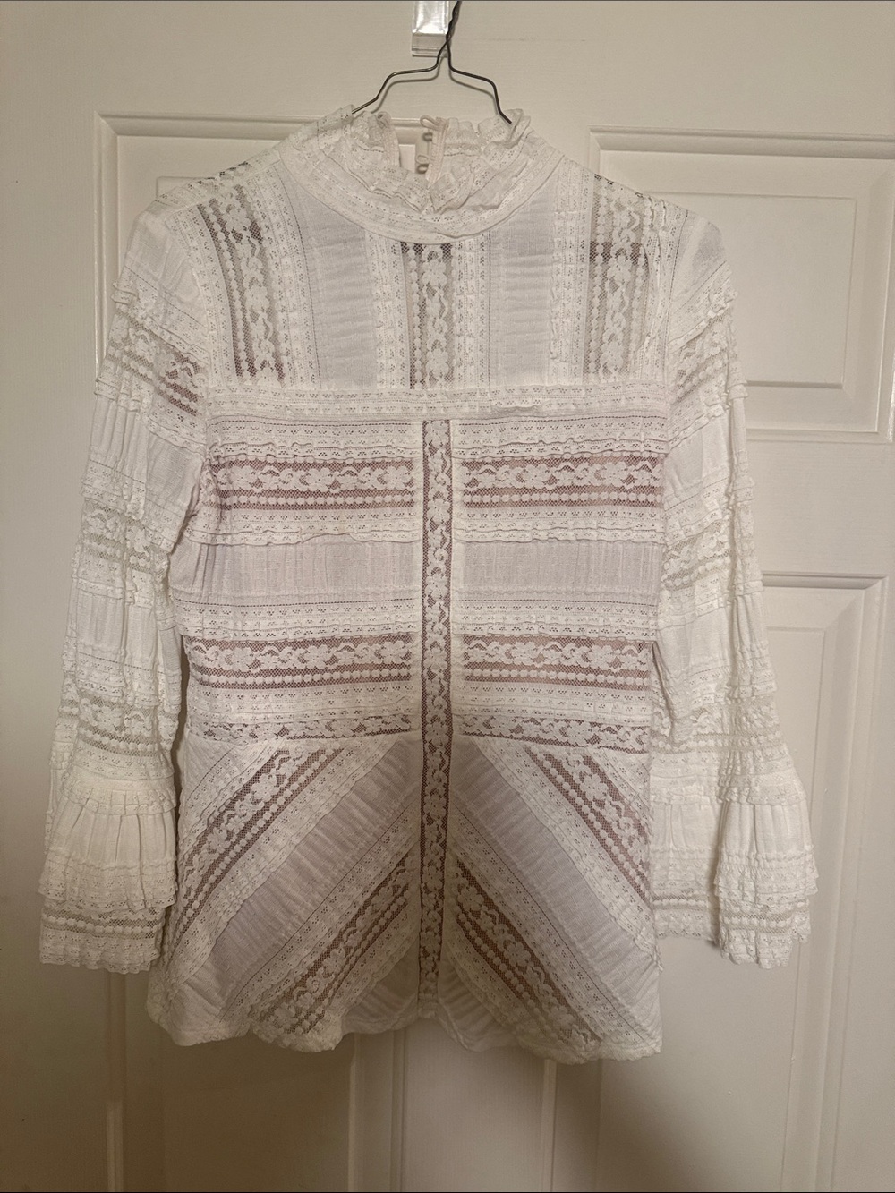 cinq a sept White Lace High-Neck Blouse with Crochet Panels